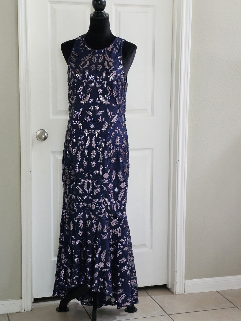 JS Collections Navy Maxi Dress with Rose-Gold Sequin Floral Motif